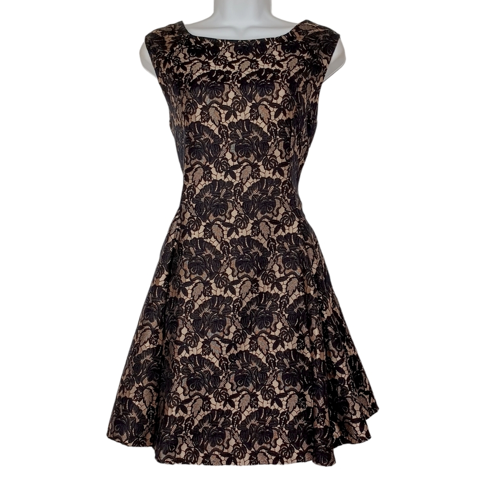 AQUA Nude Black Floral Lace Print Sleeveless Fit & Flare Skater Cocktail Dress